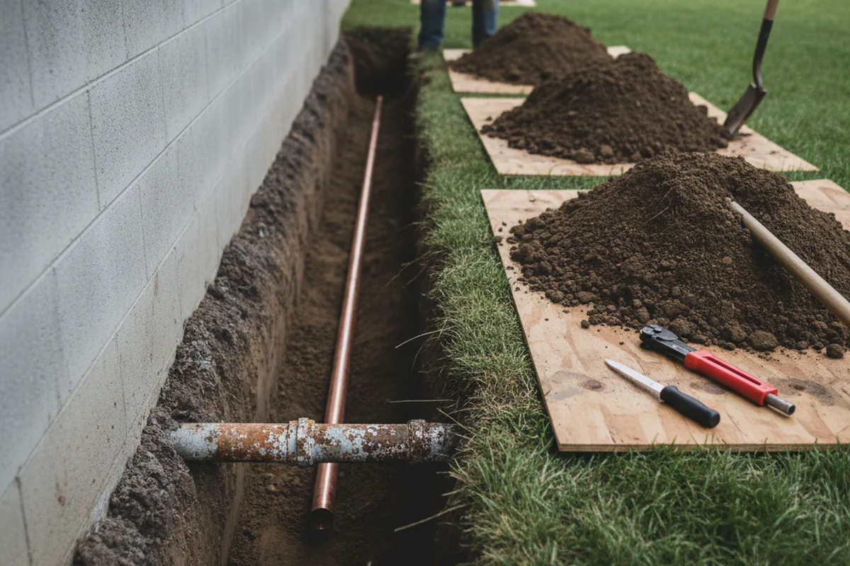 Excavated water line trench during Water Heater Repair in Killingworth